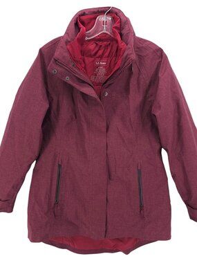 LL BEAN Tek 3 In 1 Jacket Maroon Red Purple Packable Hood Primaloft SMALL PETITE